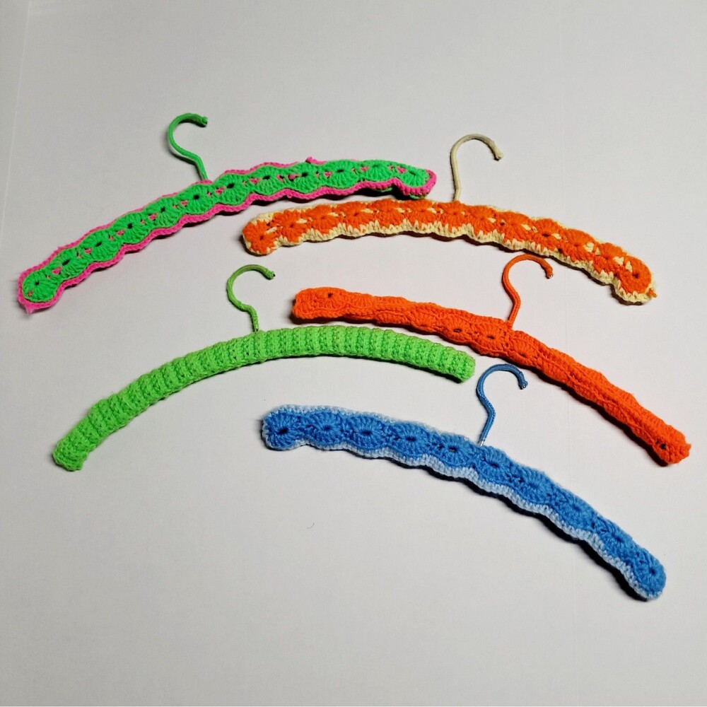 Lot Of 5 Vtg Handmade Crochet Wood Hangers Granny Core Multicolored 17”